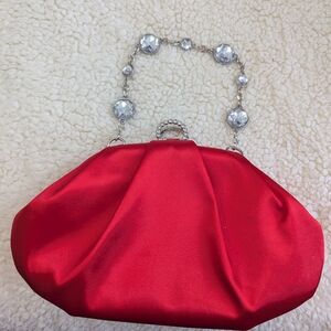 Elegant Red Satin Clutch with Crystal Handle